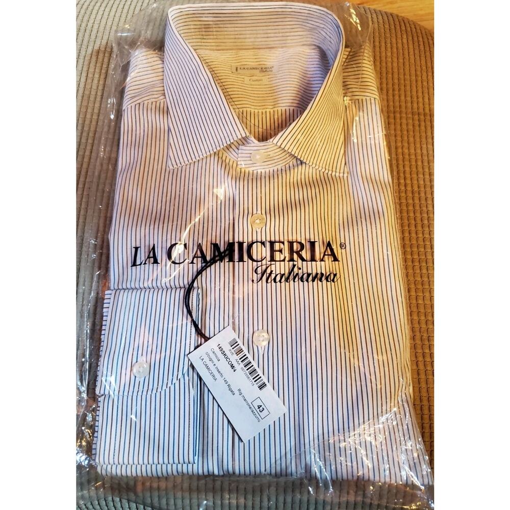 La Camiceria Italiana White w/ Burgandy & Navy Stripes Dress Shirt 17 43 NEW